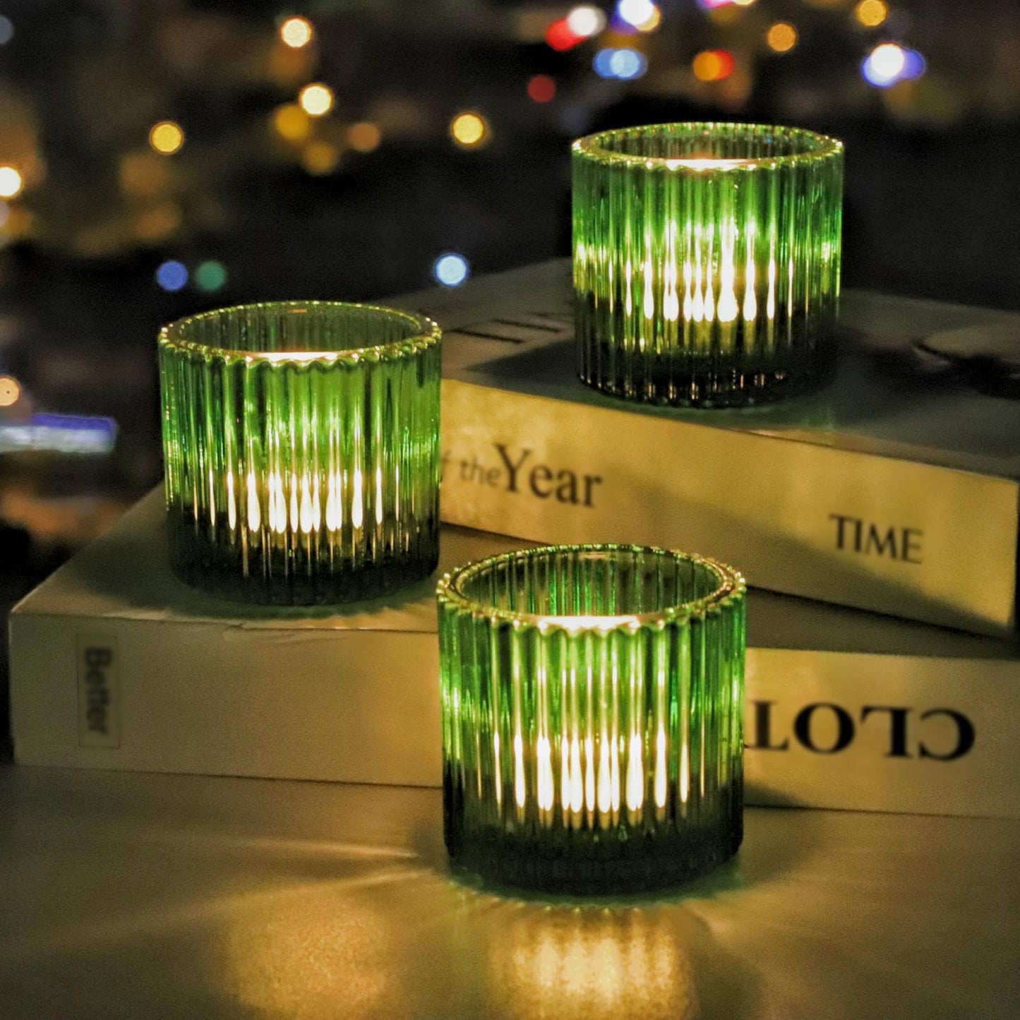 VOHO Large Votive Candle Holders 2.75'' x 2.56'' Set of 6, Ribbed Candle Holder for Votive/Tea Lights Candles, Green Votive Holder for Halloween/Christmas Holiday
