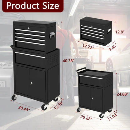 5-Drawer Rolling Tool Chest, 2-in-1 Detachable Top Tool Cabinet with Removable High Capacity Storage, Sliding Drawers, Wheels, Locking System & Liners for Workshop, Mechanics, Garage and Warehouse Use