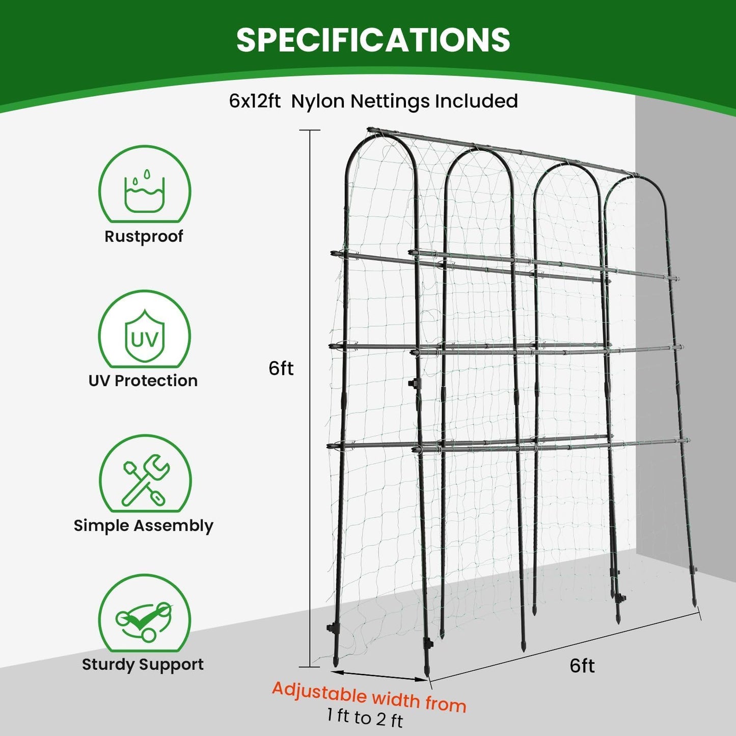 OTOSUNNY Garden Trellis for Climbing Plants Outdoor, 6 FT Tall Arch Tunnel, Metal A-Frame Plant Support with Trellis Netting Vegetable Fruit Flower, Cucumber Trellis for Garden Raised Bed