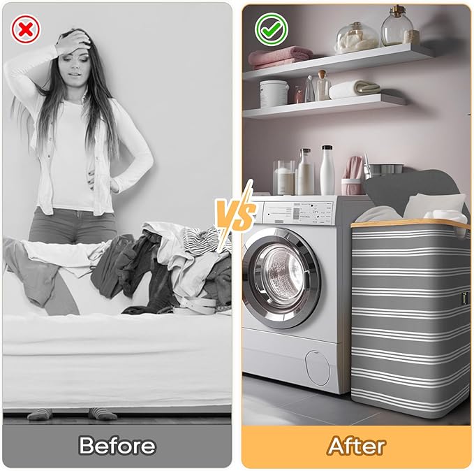 BALEINE Laundry Hamper with Lid, Tall Laundry Baskets with Bamboo Pull Handles