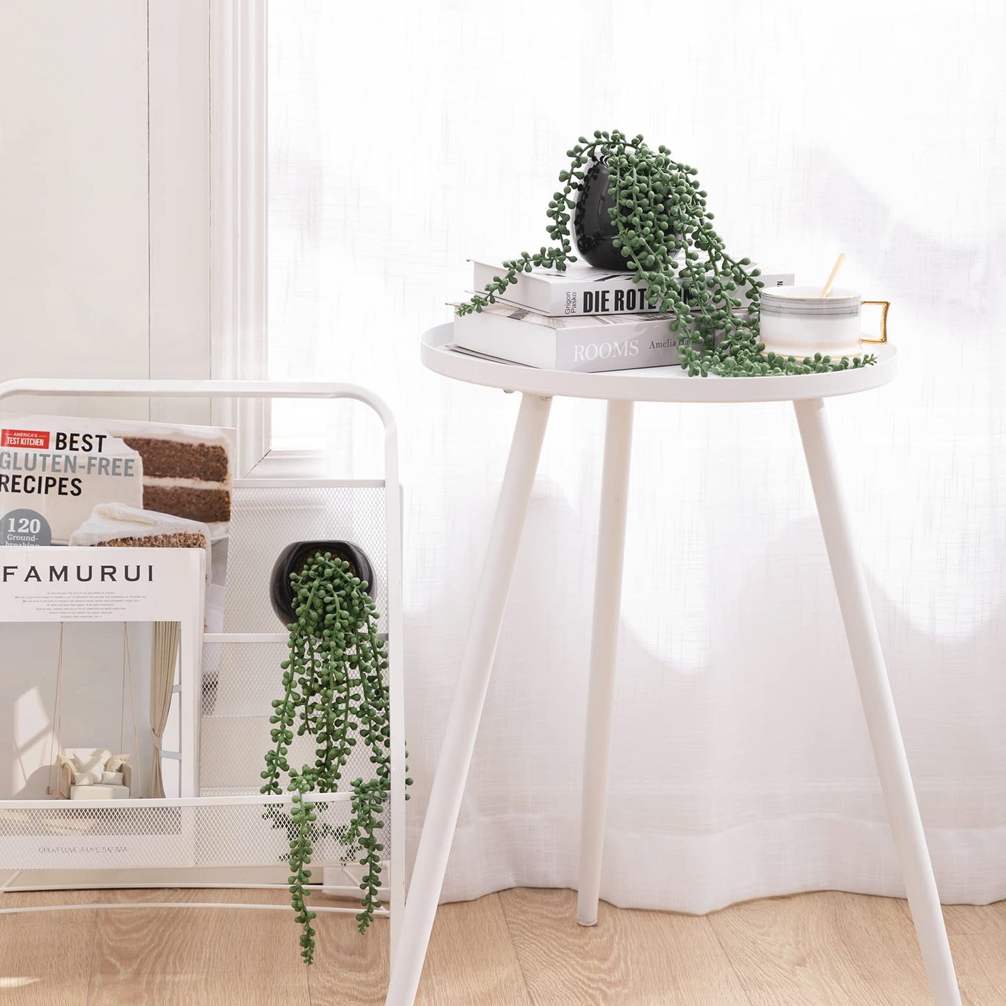 Tiita Artificial Hanging Plants, Faux Succulents in Pots, Realistic String of Pearls Plants for Home Office Accessories Window Sill Bathroom Bedroom Fake in Black Ceramic Pots, Set of 2