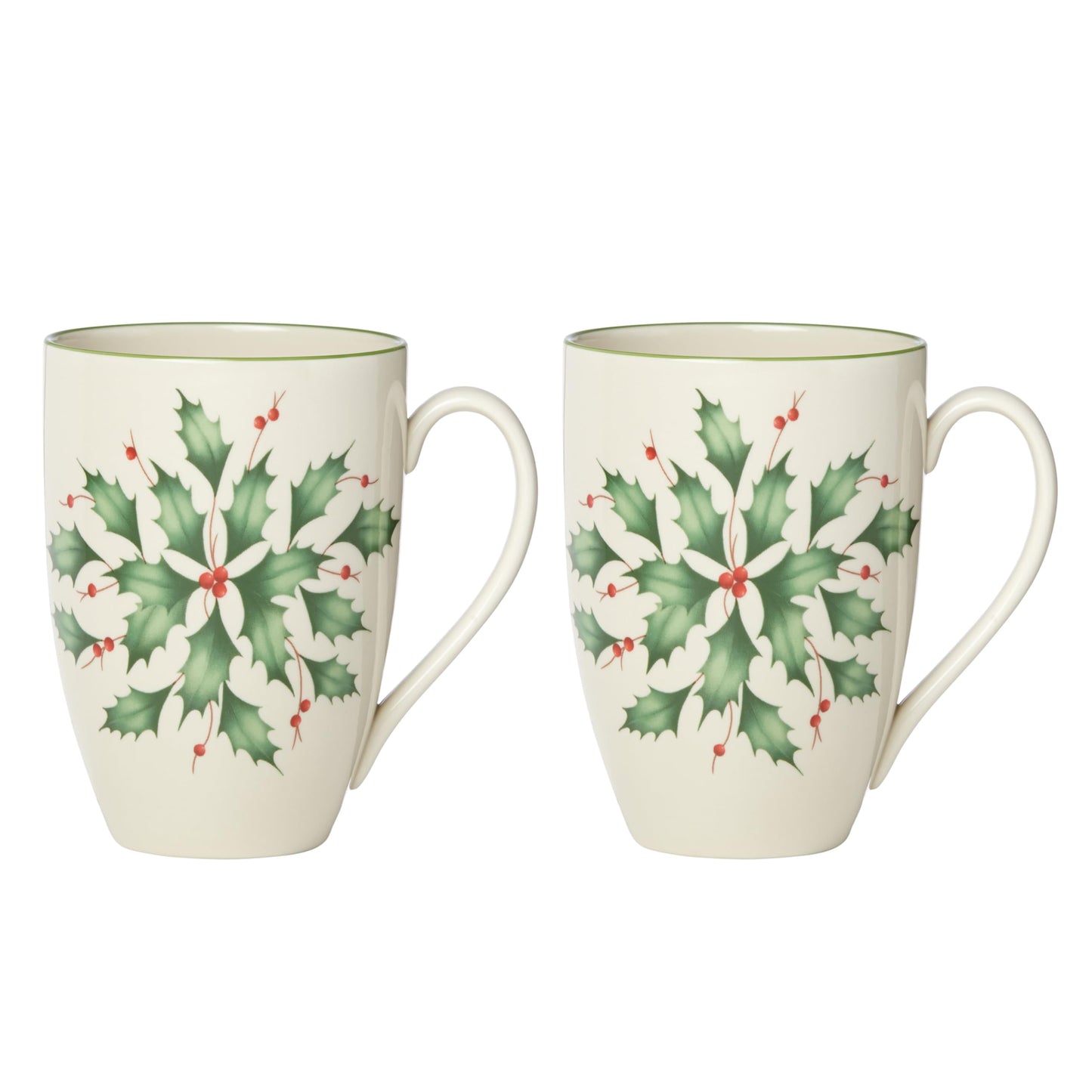 Lenox Coffee Mugs, Hosting The Holidays 2-Piece Holly 14 Oz Mug Set, Ivory Porcelain, Dishwasher and Microwave Safe, Christmas Holly Drinkware Set, Christmas Decorations (White/Green, 14 Oz, 2 Pieces)