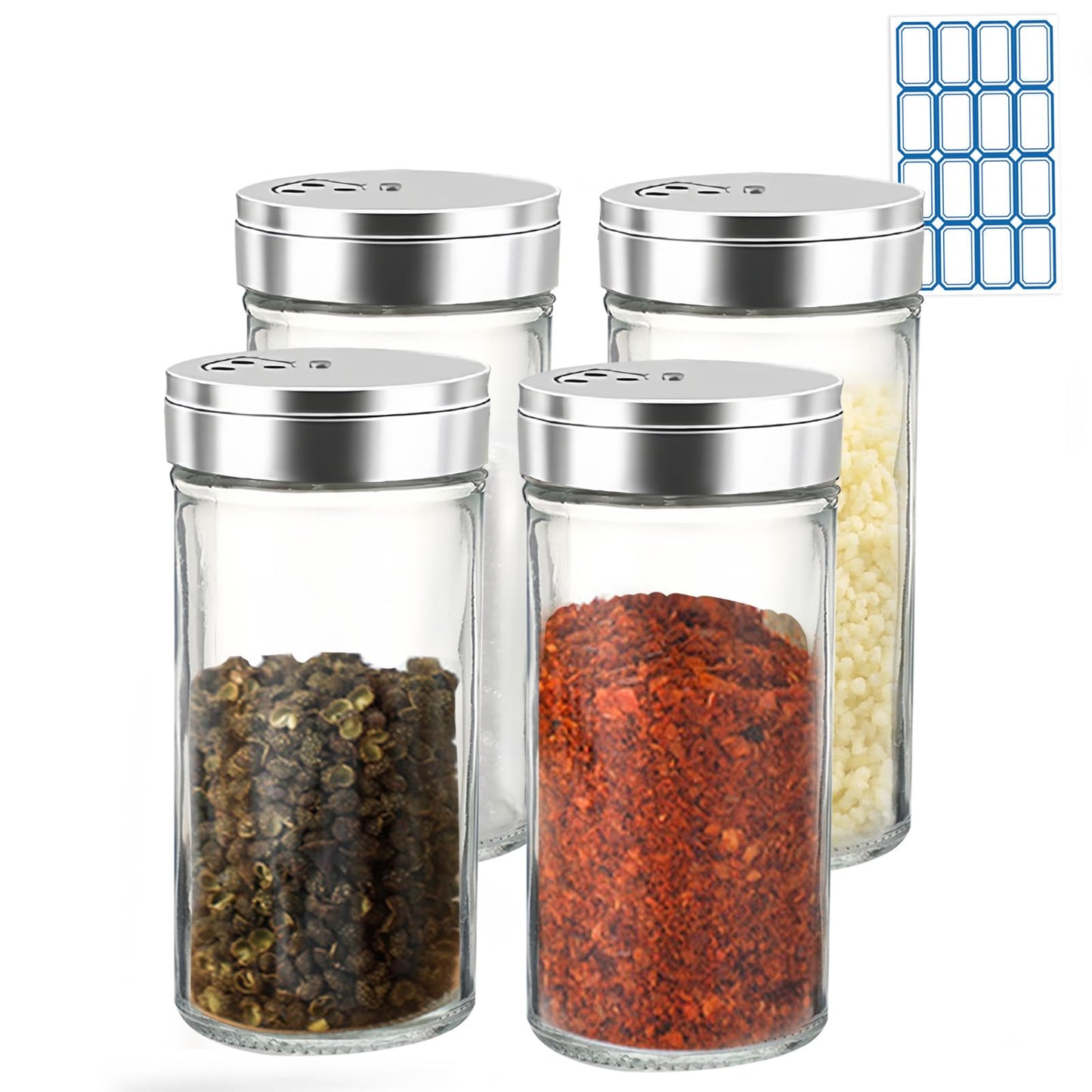 Realand 4pcs Salt and Pepper Shakers Set with Adjustable Pour Holes, Salt Shakers Glass with Stainless Steel Lids, White Black Salt Shaker Spice Shaker Dispenser for Seasoning