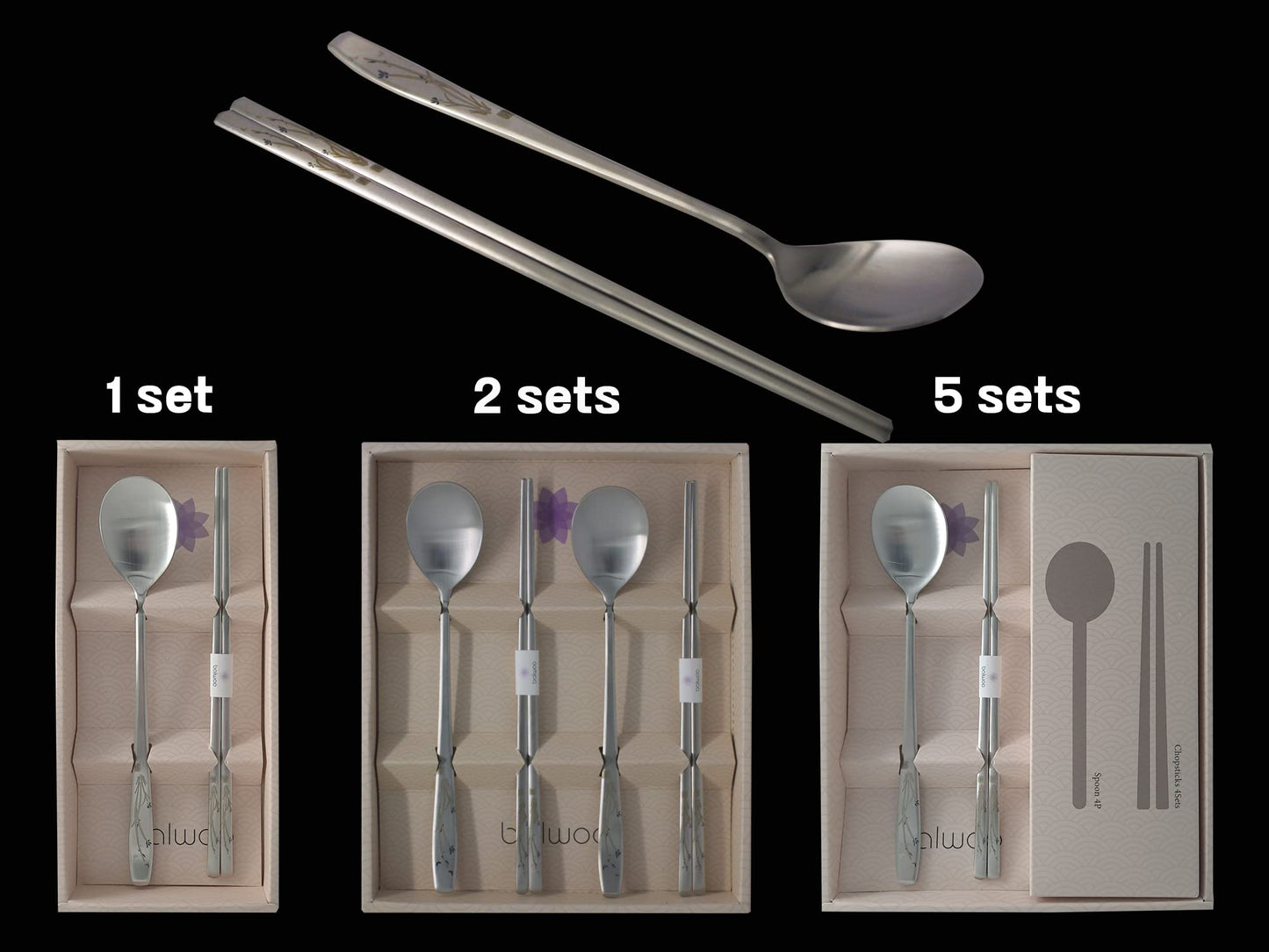 BALWOO [1 Set] [Made in Korea] Orchid Design Korean Style Sticky Rice Spoon Chopsticks Set Silverware Set 304 Stainless Steel Cutlery Set Soup Spoon Ramen Chopsticks Flatware (1 Set)