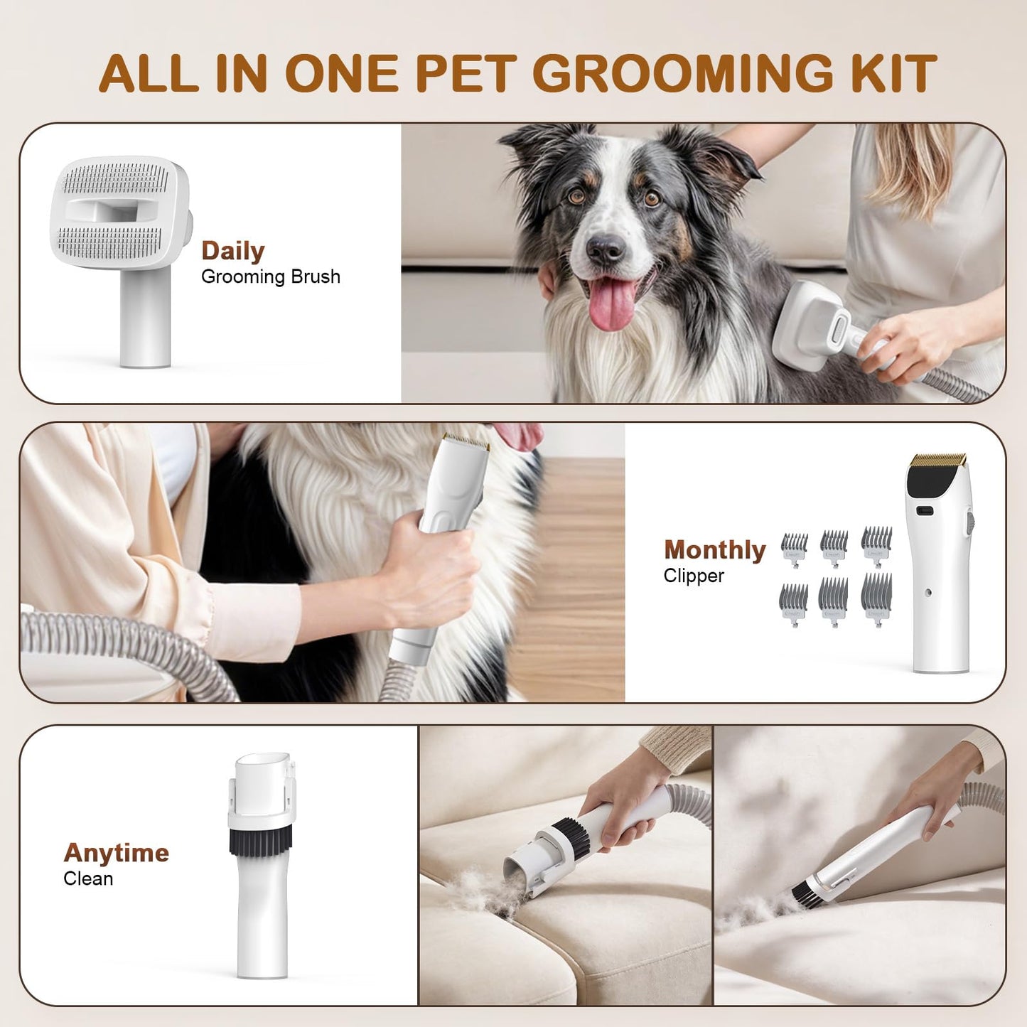 Ozumek Dog Grooming Vacuum, Dog Grooming Kit with Pet Clipper Nail Grinder, 3 Suction Modes Dog Brush Vacuum with 6 Pet Grooming Tools (Cream)