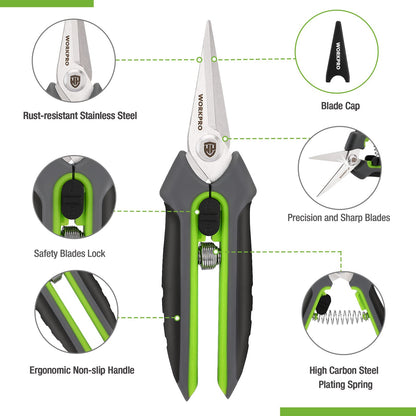 WORKPRO 2 Pack Garden Pruning Shears with Sheath, 6.5” Small Hand Pruners/Snips/Clippers- Spring Loaded & Precision Straight Blades, Microgreen Trimming Scissors for Flowers, Weeds, Indoors Bonsai