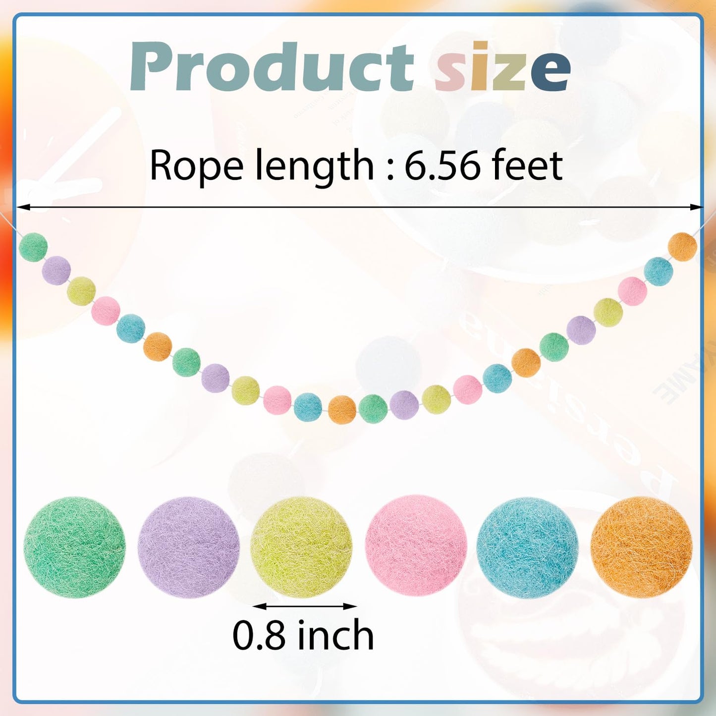 WILLBOND 2 Pieces Wool Felt Rainbow Ball Garland Colorful Pom Pom 6.5 ft Long 24 Ball Garland for Easter Mardi Gras Classroom Halloween Thanksgiving Xmas (Pastel Colors)