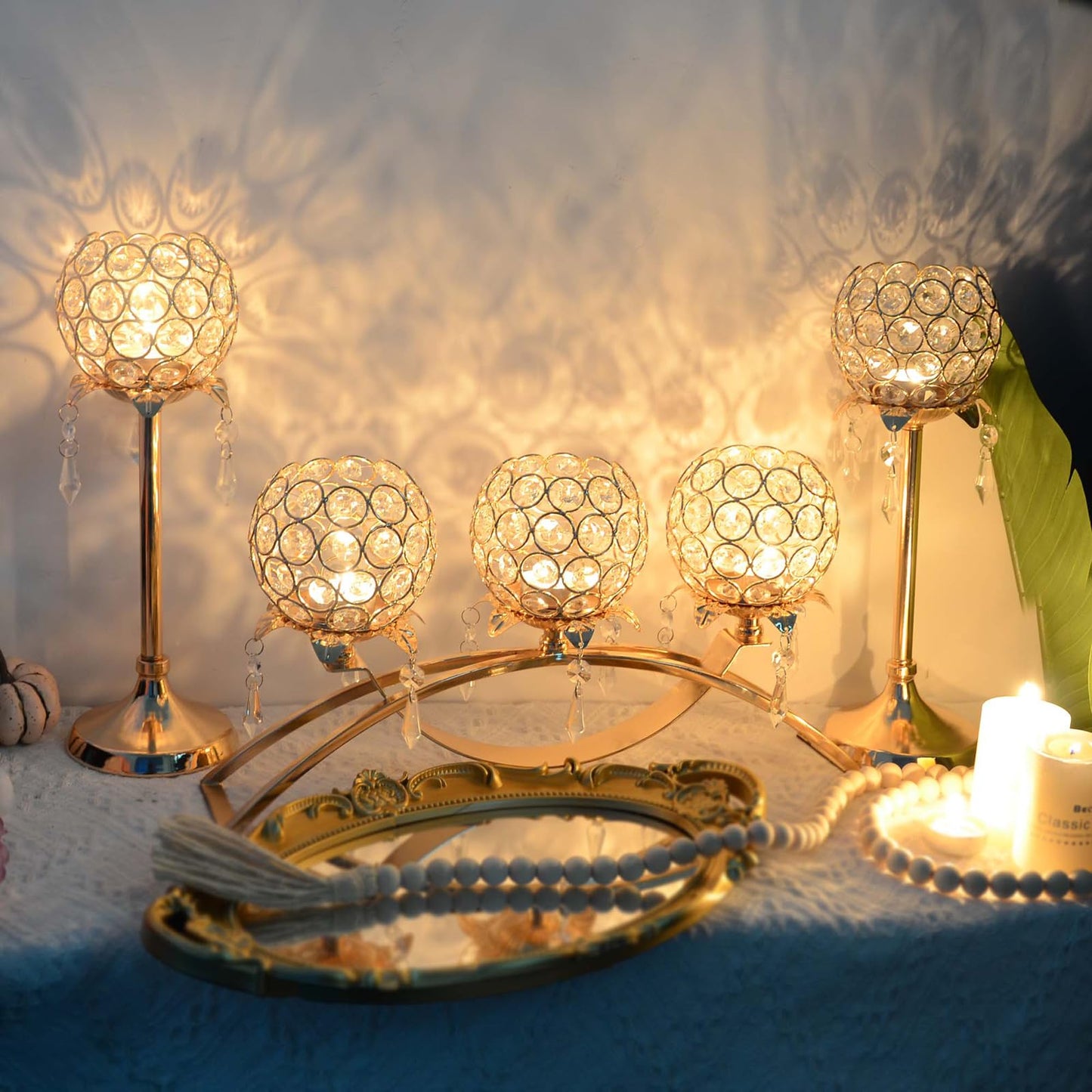 Kehail Set of 3 Gold Crystal Tea Light Candlestick Holders Flower Shape with Crystal Pendant Bowl Votive Metal Candle Holder for Table Centerpieces Wedding Home Decor (Set of 3, Gold)