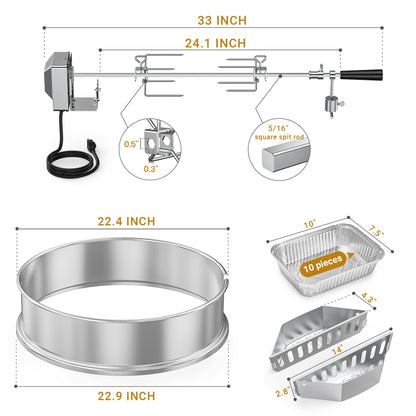 onlyfire Upgrade Stainless Steel Rotisserie Ring Kit for Weber 22-inch Kettle Charcoal Grills, Comes with Charcoal Baskets and 10 Pack Drip Pans