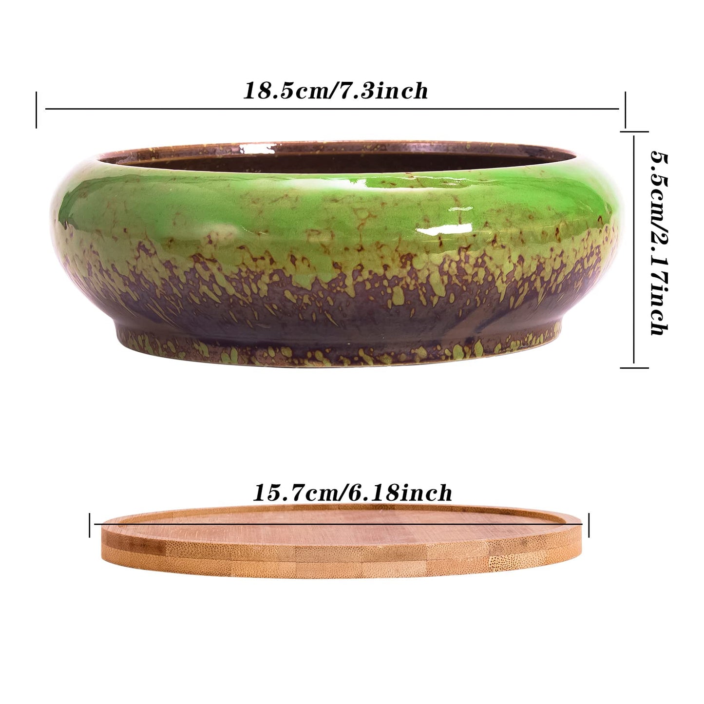 ARTKETTY Succulent Pots with Drainage, 2 Pack Large Succulent Planters Ceramic Bonsai Pot with Trays, 7.3 Inch Round Shallow Planters for Indoor Cactus Flower Plants
