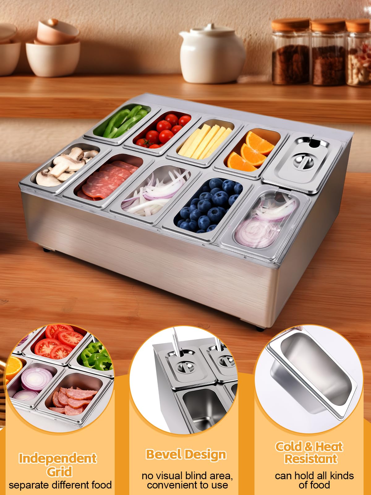 Lanstics Pizza Topping Station 10 Pans Pizza Storage Container Topping containers with Lids Spoon Condiment Organizers Buffet Containers Set for Restaurant Pizza Sauce Jam Fruit Ingredient