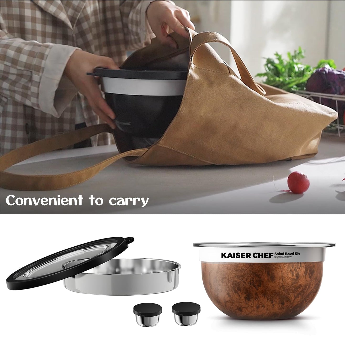 Kaiser chef Salad Bowl Kit 74oz,Salad Container For Lunch,18/8 Stainless Steel,Salad Bowl With Lid, Includes 1.7oz Condiment Container and Removable Tray,Leak-Proof, Easy to Clean (Wood)