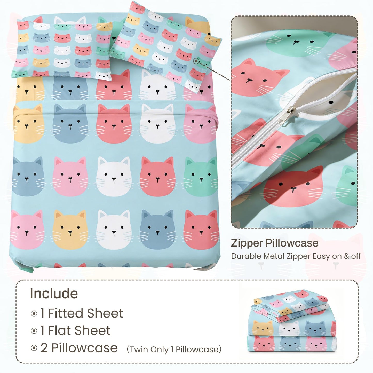 Cute Cat Sheet Set, 4 Pcs Queen Size Girls Kitten Bed Sheets