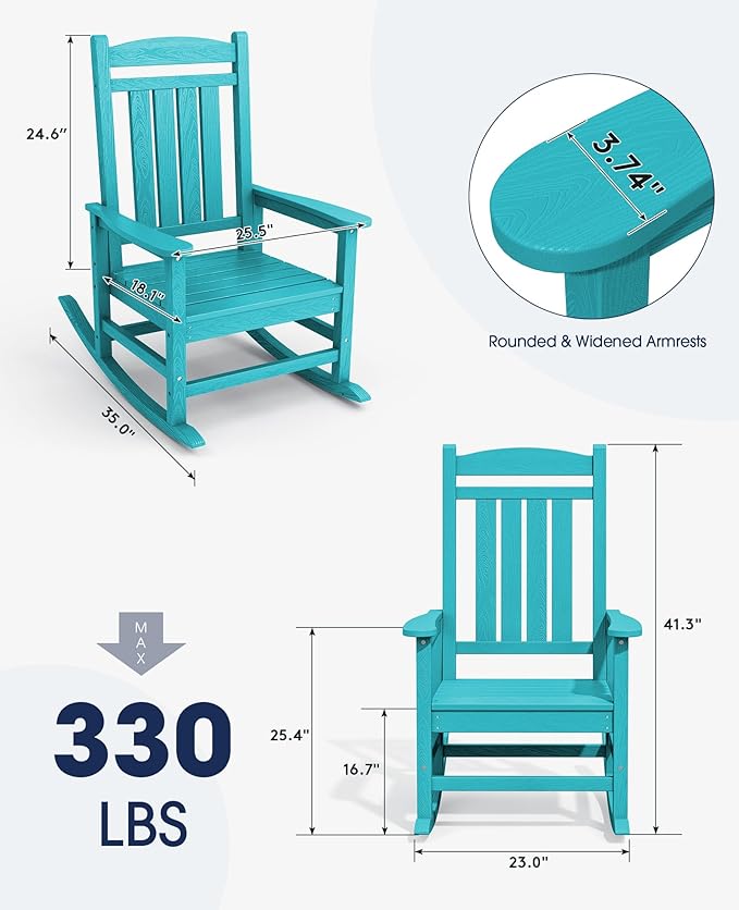 KINGYES Outdoor Rocking Chair Set of 2, High Density Polyethylene Patio Rocking Chairs with 330lbs Support for Adults, Aruba Blue