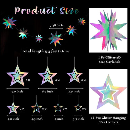AimtoHome Holographic Star Garland Decorations– 14 Rainbow Paper Stars & 5.5ft 3D Twinkle Hanging Decor for Party, Home, Window, Door，Christmas Party Backdrop Decor (Modern Glitter Style)
