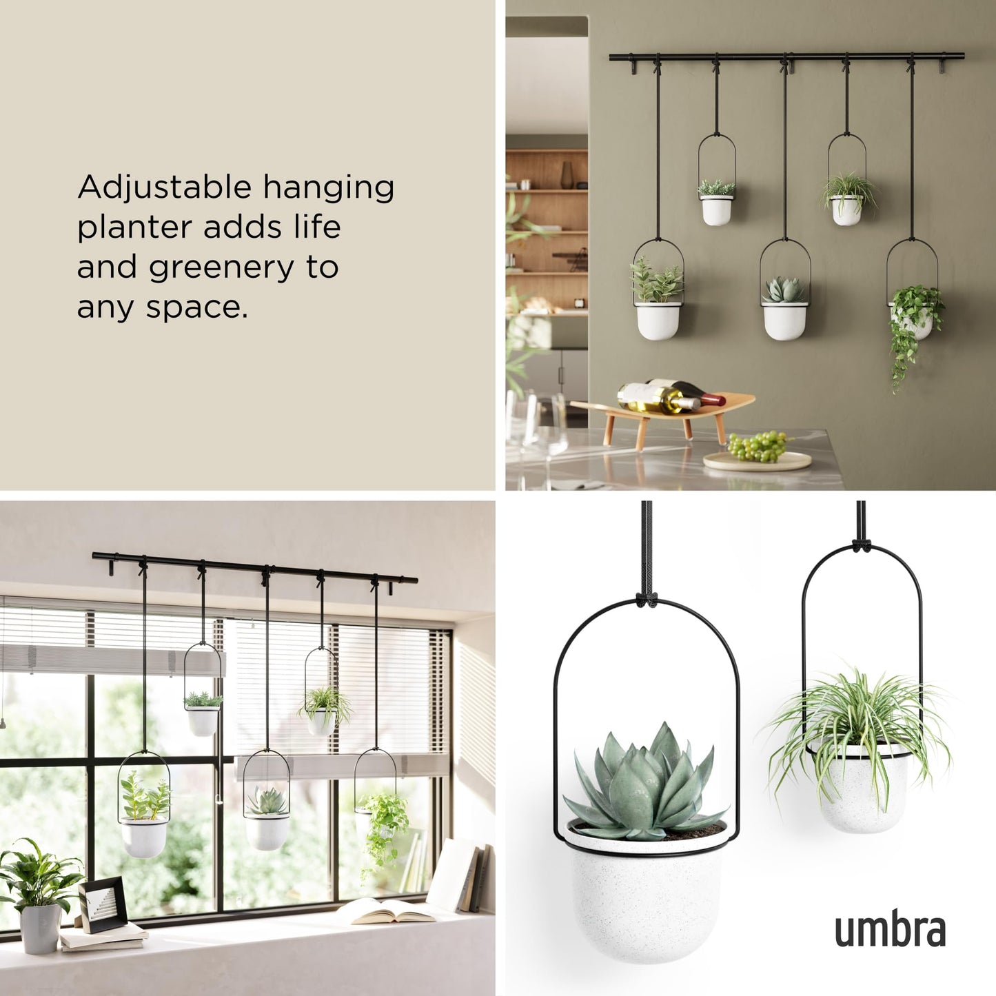 Umbra Triflora Hanging Planter for Window, Indoor Herb Garden, Set of 5, White/Black