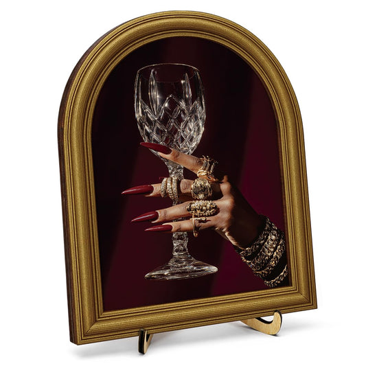 Vintage Champagne Glass Wall Art Sign for Bar Cart Decor, Moody Gothic Wooden Arched Frame, 8x10 Inch Aesthetic Cocktail Lounge Decor Gift