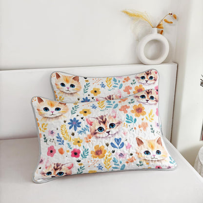UEVBF Kawaii Cat Quilt Set,Orange Cat Flowers Pattern Bed Set for Toddler Kids Girls Room Decor,Cute Bedding Queen Quilted Sets with 2 Pillowcases.