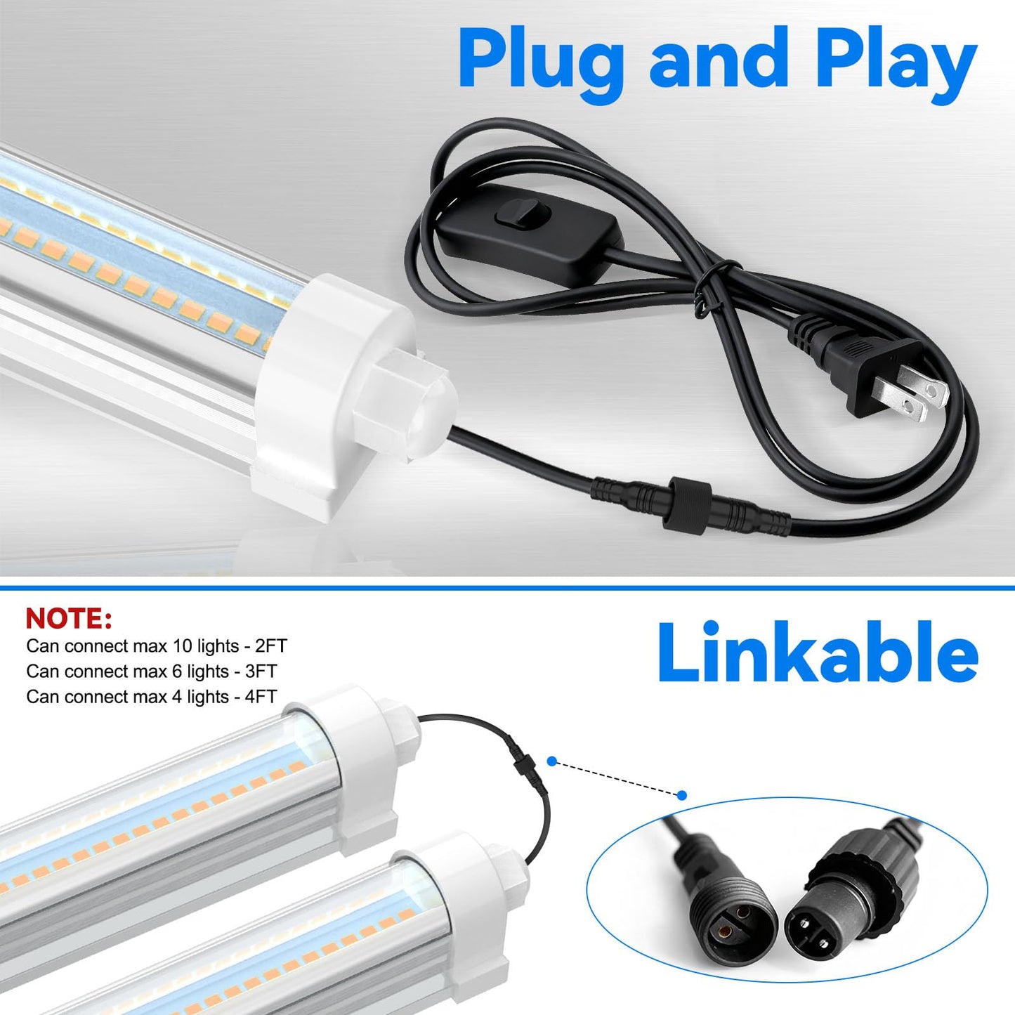JESLED Waterproof Plant Grow Lights, 2FT Full Spectrum Grow Light, 48W(2 X 24W,300W Equiv), Linkable Led Grow Light Strip for Greenhouse, Plant Shelves, Plug and Play, Pinkish White, 2-Pack