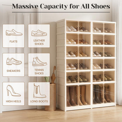 Tykacna Collapsible Shoe Rack Organizer, Extra Large Shoe Boxes with Doors, Stackable Plastic Storage Cases for Closet and Entryway, Clear Folding Shoe Cabinet with Wheels (6Tiers, 24Pairs)