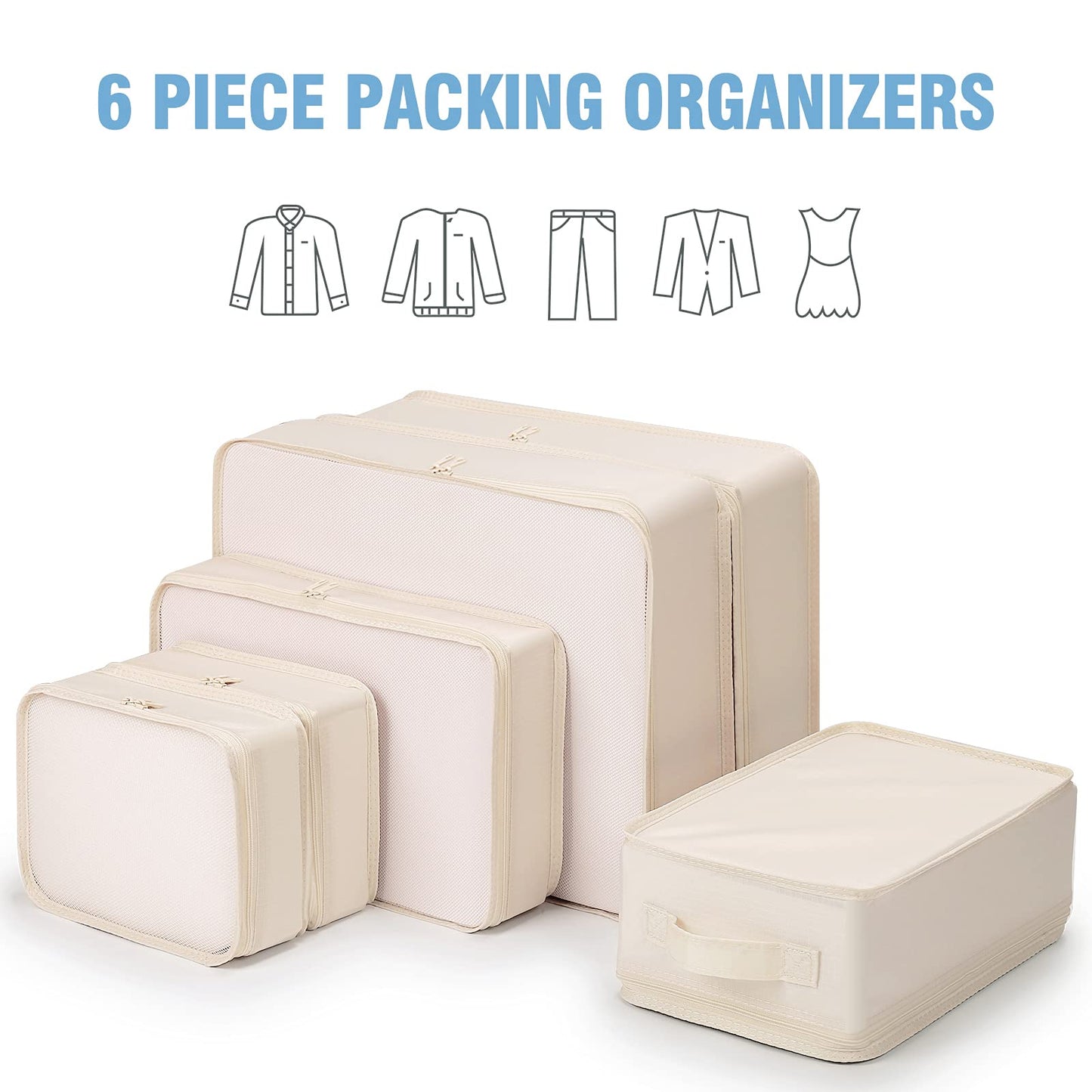 Travel Organizer,Mossio 6 Piece Various Size Durable Packing Cubes Pouch Beige