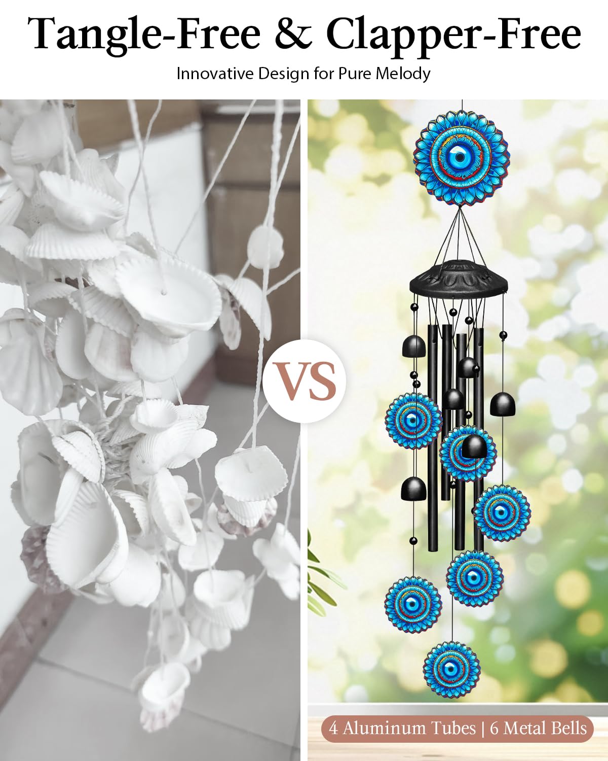 Evil Eye Wind Chimes for Outside Boho Decor, Large 35.4" Anti-Tangle Clapper-Free Tube Windchime, Radiant Sunflower Mandala Patio Ornament, Soothing Melodic Metal Bells for Garden, Yard, Balcony