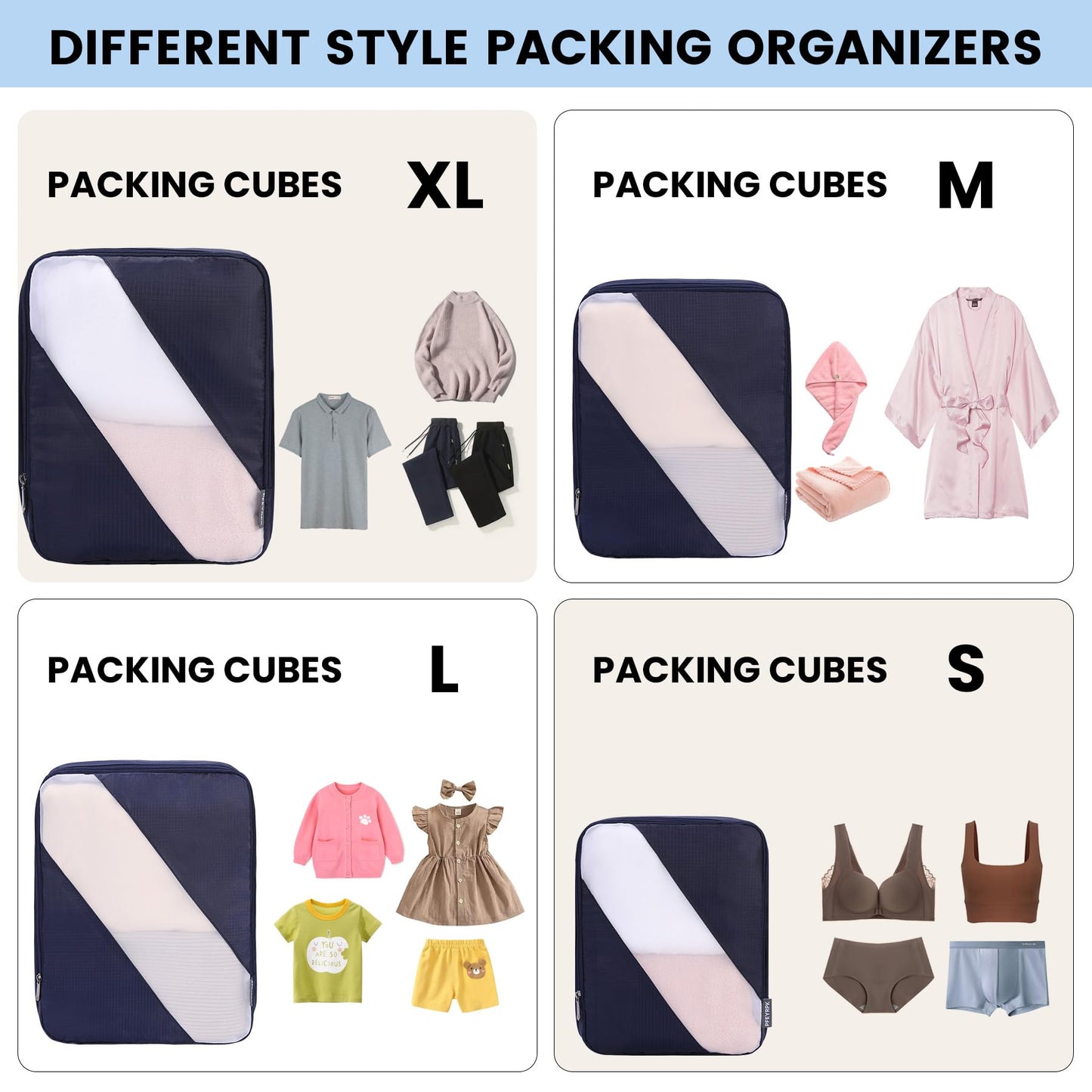 PFEYRPK Travel Packing Cubes, Compression Organizer Set of 4, Lightweight Storage for Suitcase, Vacation, Business Trips (Black)