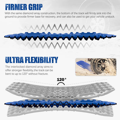 BUNKER INDUST Traction Boards with Jack Base (Blue) + 3" x 30ft Recovery Straps + Pair 3/4 D Ring Shackles + Bag 35,000 lbs Tree Saver Winch Strap