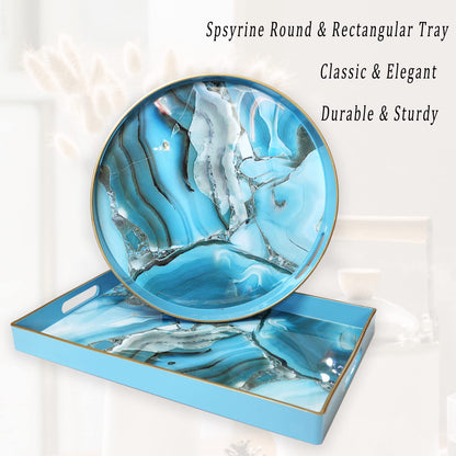 Spsyrine Round Decorative Tray, 13" Plastic Marbel Serving Tray with Handles for Breakfast, Ottoman, Coffee Table, Bathroom, Kitchen, Living Room