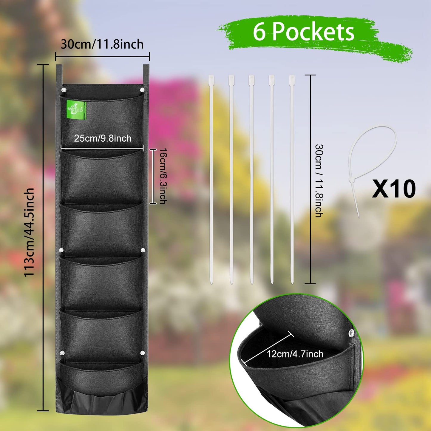ANGTUO 6 Pockets Hanging Planters for Outdoor Plants, One Pack Wall Planter Vertical Garden, Hanging Plant Holder for Railing, Balcony, Fence