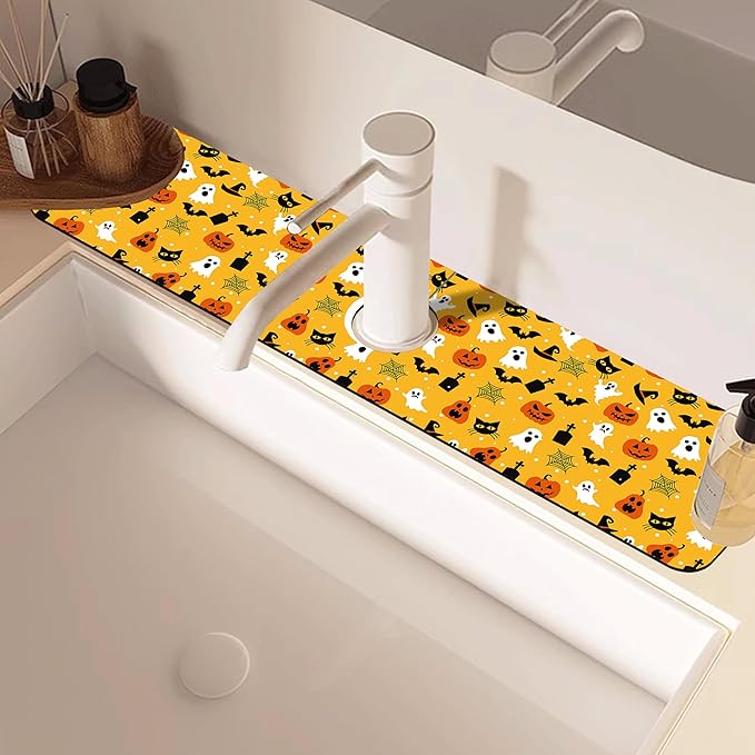 Halloween Pumpkin Bat Ghost Kitchen Sink Splash Guard Mat Absorbent Fast Drying