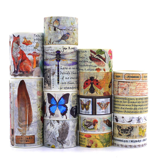 18 Rolls Vintage Washi Tape Set,Floral Letter Forest Butterfly Mushroom Botanical Flower Writable Decorative Tapes for Scrapbooking, Junk Journal Supplies,Bullet Journal Supplies, DIY Crafts Art