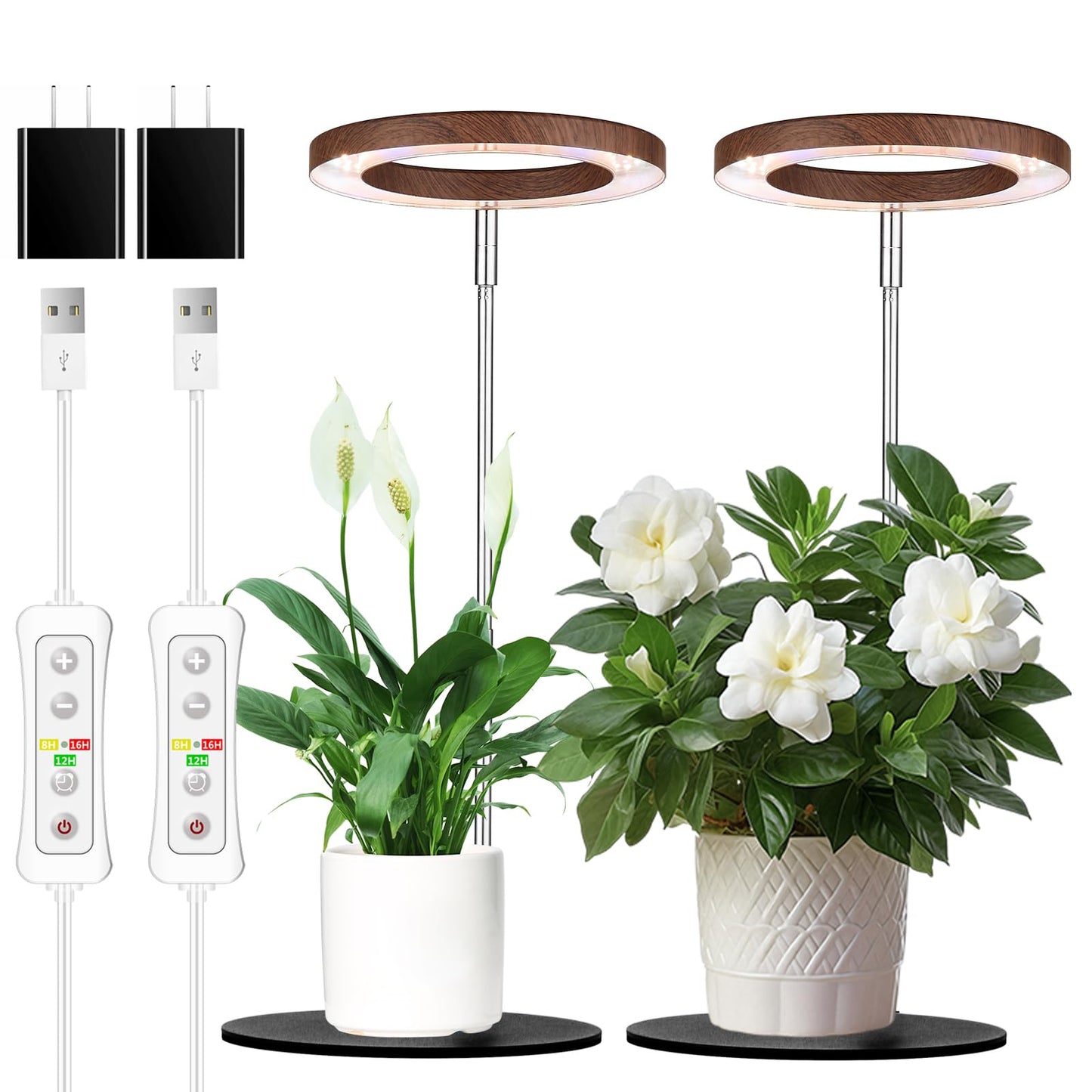 Yadoker 144 LEDs Plant Grow Light for Indoor Plant,Walnut Wood Grain Aluminum LED Grow Light with Black Base, Height Adjustable,6.3" Aluminum Housing,Automatic Timer with 8/12/16 Hours,2 Pack