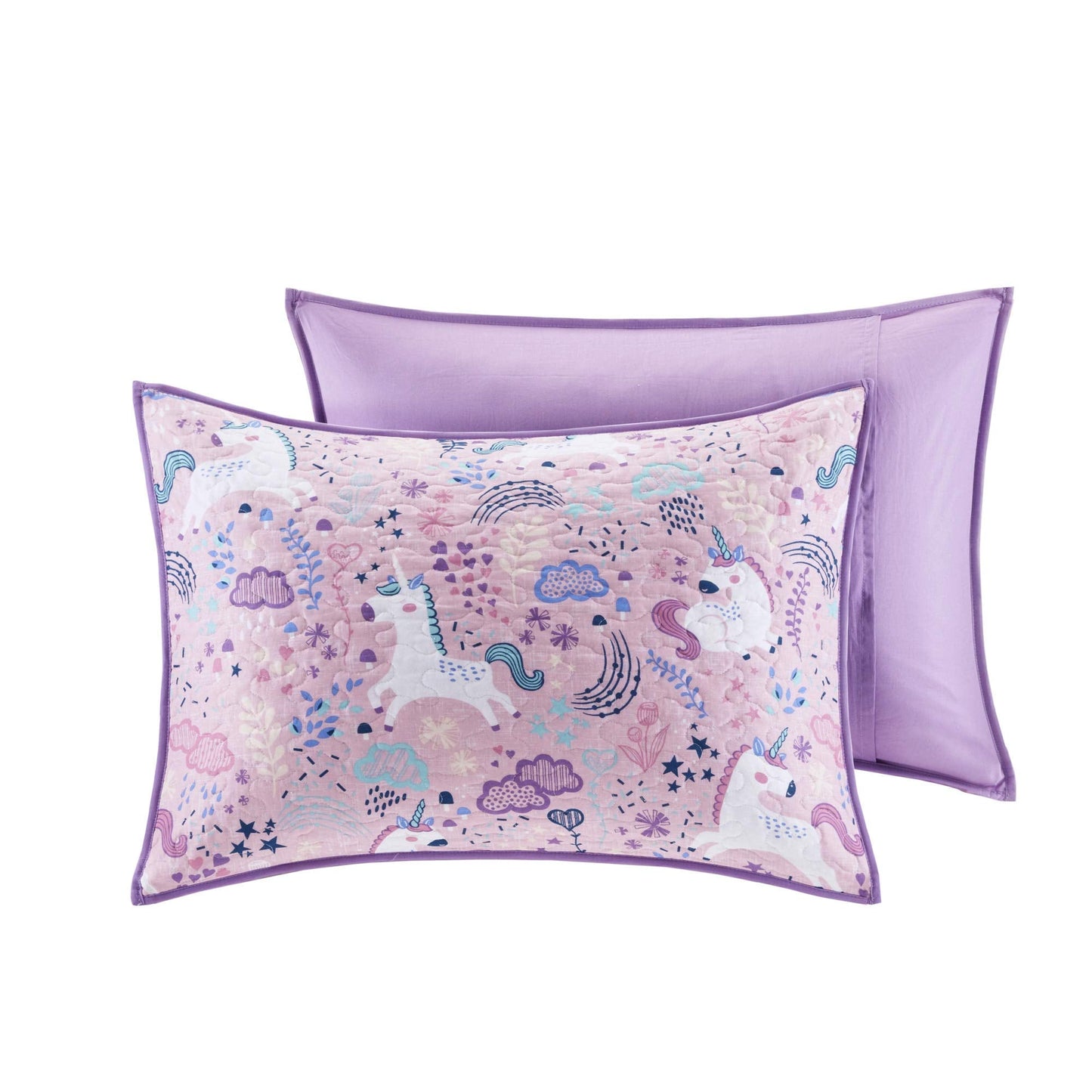 Intelligent Design Kids Reversible Cotton Quilt Set - Vibrant Fun, Playful Print, All Season Children Bedding Coverlet Bedspread, Decorative Pillow, Bedroom Décor, Full/Queen, Unicorn Pink 5 Piece