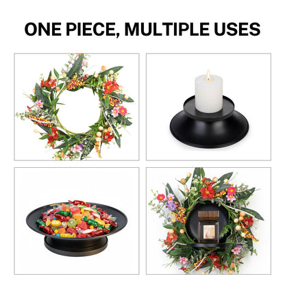 MOYEE Summer Centerpieces for Tables Wreath with Candle Holder,Candle Ring, Black Metal Candlestick with an Artificial Wreaths 14 in Versatile Dining Table Centrepiece (Red Flower Green Leaf Wreath)
