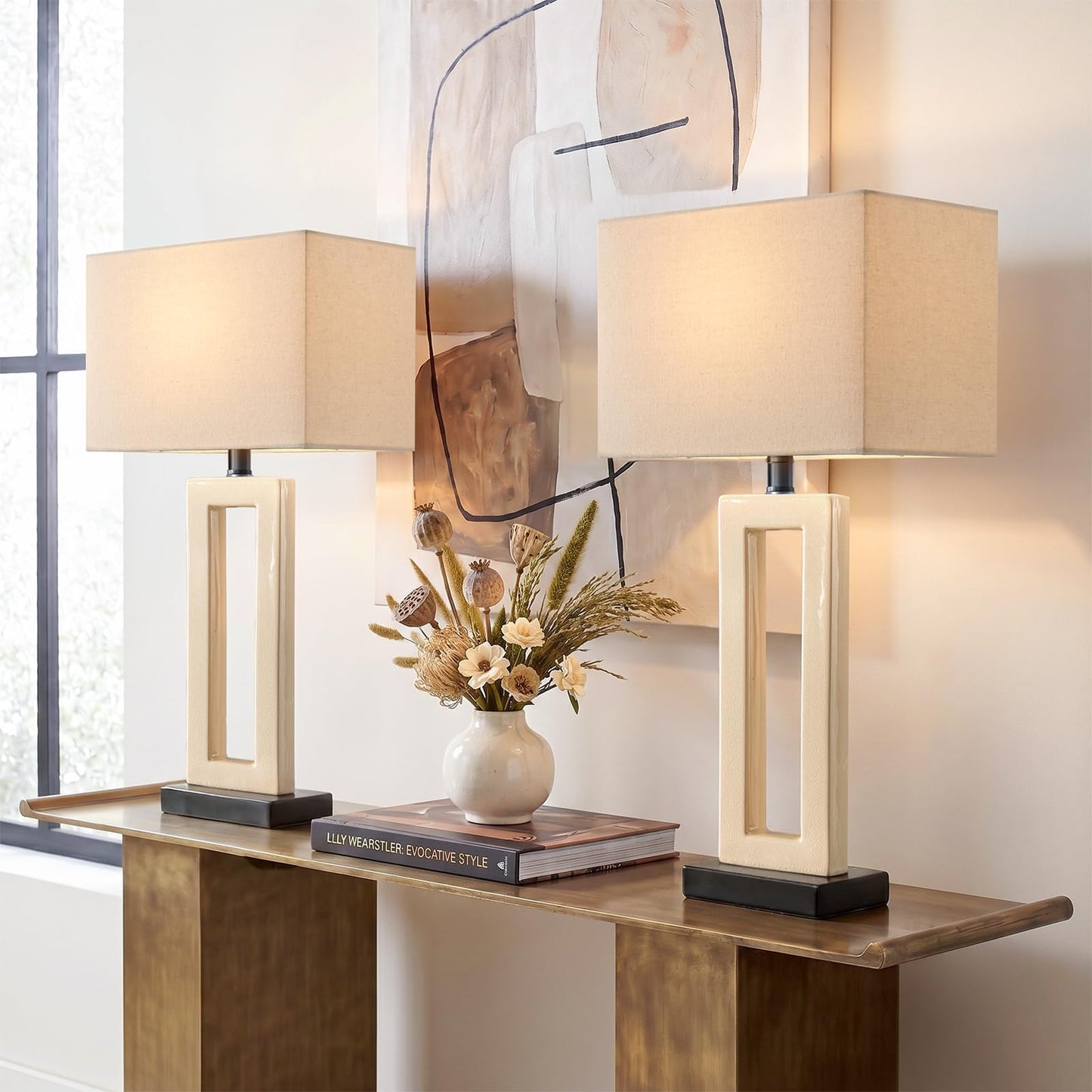 Vortether 22" Modern Ceramic Table Lamps Set of 2, Cream Crackle Glaze Hollow Bedside Lamps with Linen Shade, 5ft Cord Rotary Switch E26 Base Nightstand Lamps for Bedroom Living Room Entryway Decor