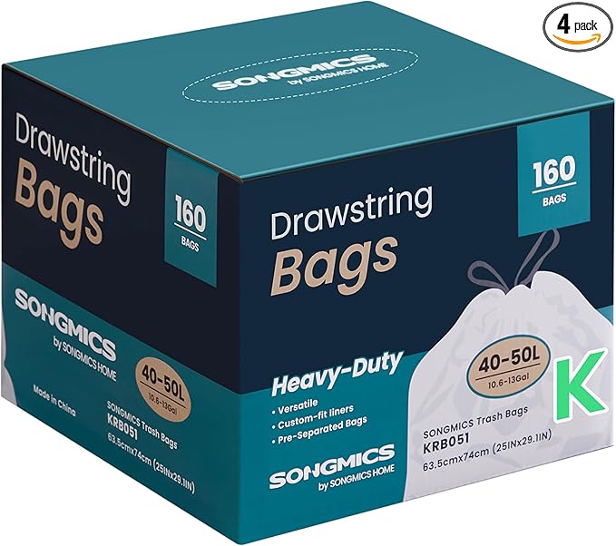 SONGMICS Trash Bags for 13-Gallon Trash Cans, Drawstring Kitchen Garbage Bags