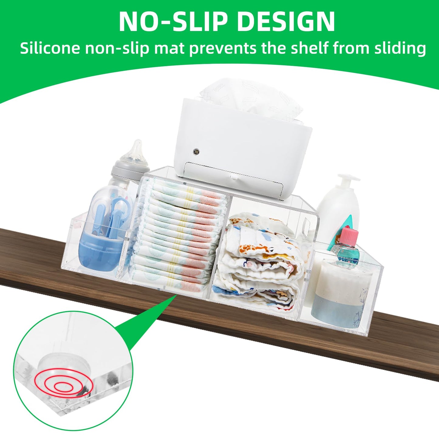 NANYEZH Acrylic Diaper Caddy, Baby Wipes Organizer for Changing Table, Dresser Top Tabletop Organizer with 4 Detachable Compartments, Anti-slip Rubber Feet, Newborn Baby Essentials, Clear
