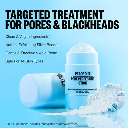 PEACE OUT Pore Perfecting Stick Acne Solution & Blackhead Remover, Glycolic Acid & Salicylic Acid Cleanser, Works Like a Face Wash, Skincare Facial Cleanser & Exfoliating Facial Scrub, 15g /0.53oz