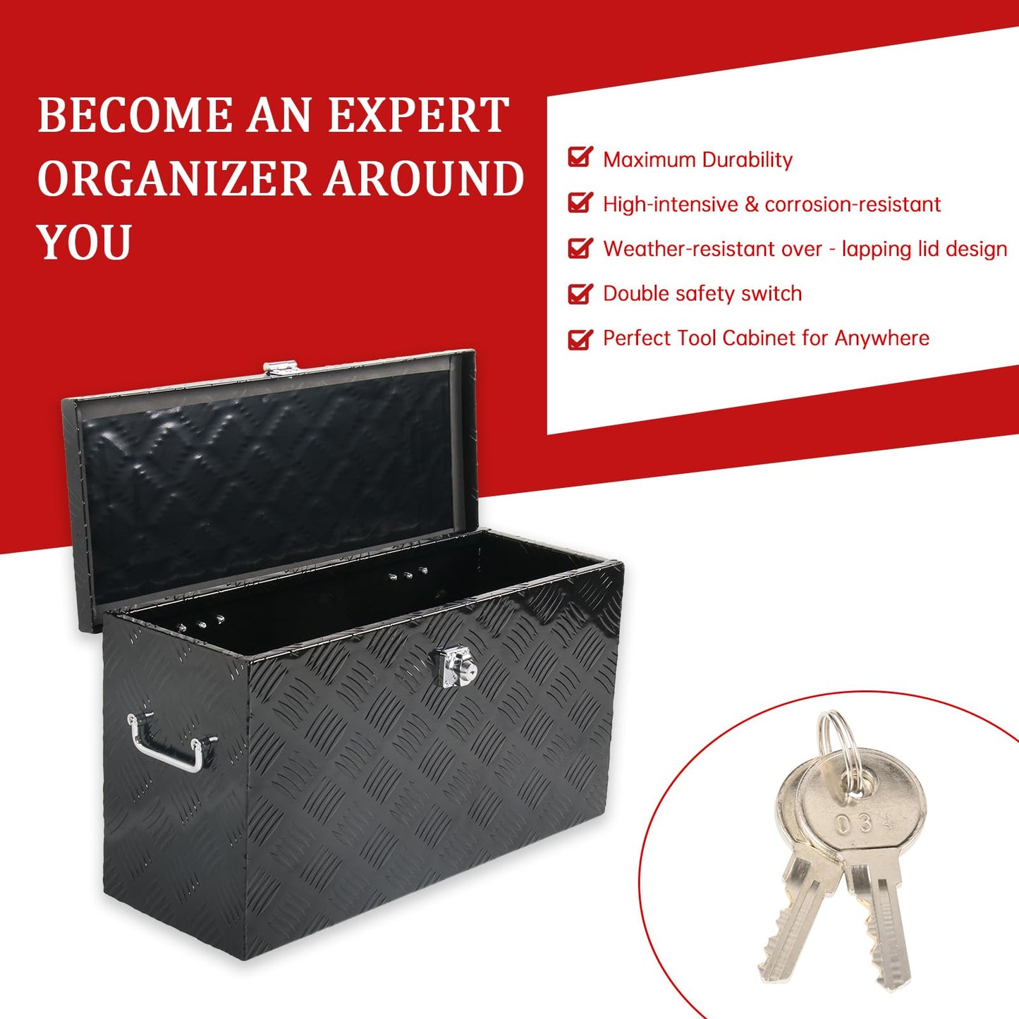 BIGREAT 24'' Inch Stripes Plated ATV UTV Aluminum Tool Box Truck Bed Toolbox Waterproof Square Storage Organizer with Lock and Keys Black(‎24" L x 9.5" W x 12.5" H)