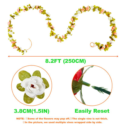 PONKING 8 Pcs x 8.2 ft Flower Garland Artificial Rose Vine Flowers with Green Leaves Hanging Fake Roses Vine for Room Party Home Wedding Birthday Christmas Wall Arch Decor, Fall Champagne Flower