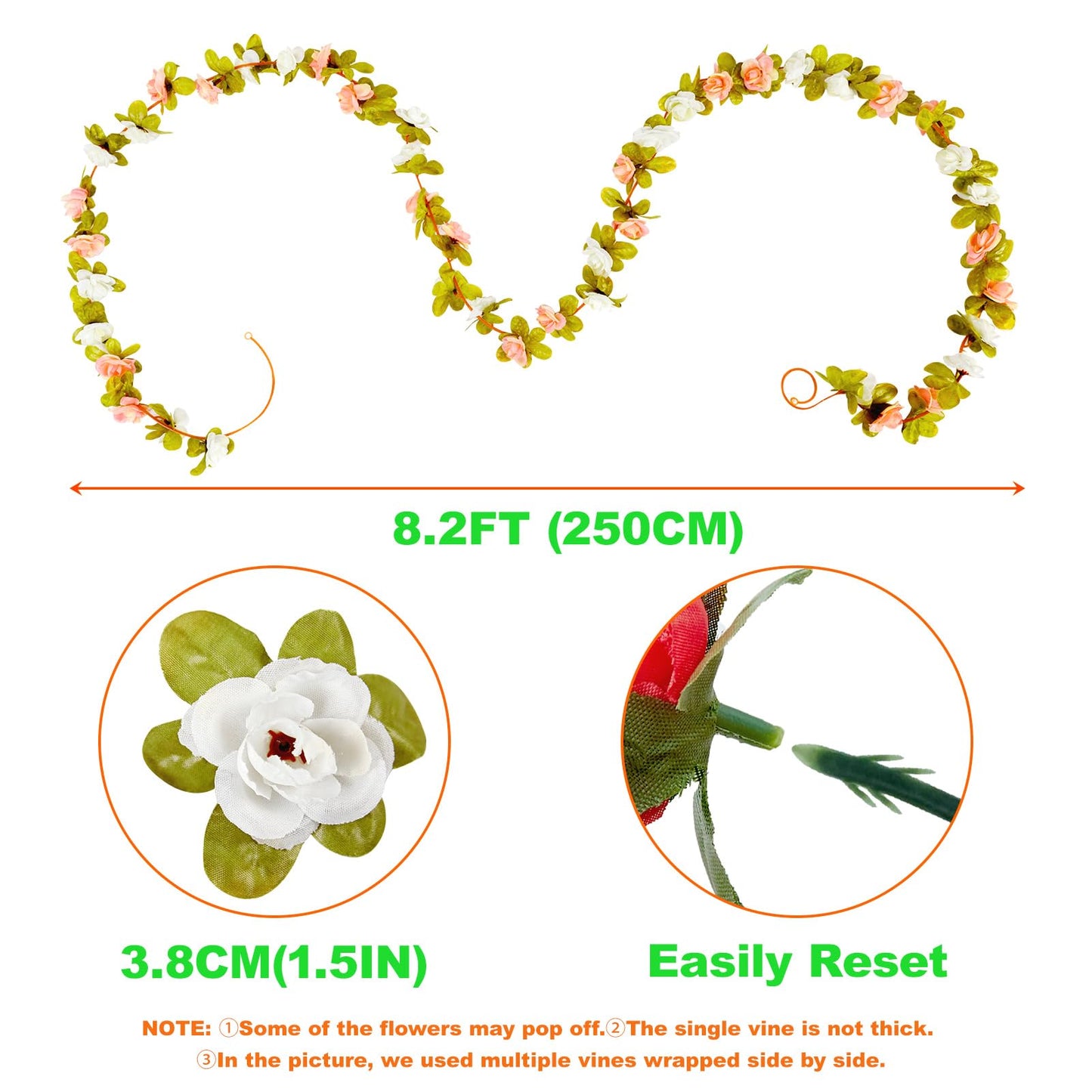 PONKING 8 Pcs x 8.2 ft Flower Garland Artificial Rose Vine Flowers with Green Leaves Hanging Fake Roses Vine for Room Party Home Wedding Birthday Christmas Wall Arch Decor, Spring Yellow Flower