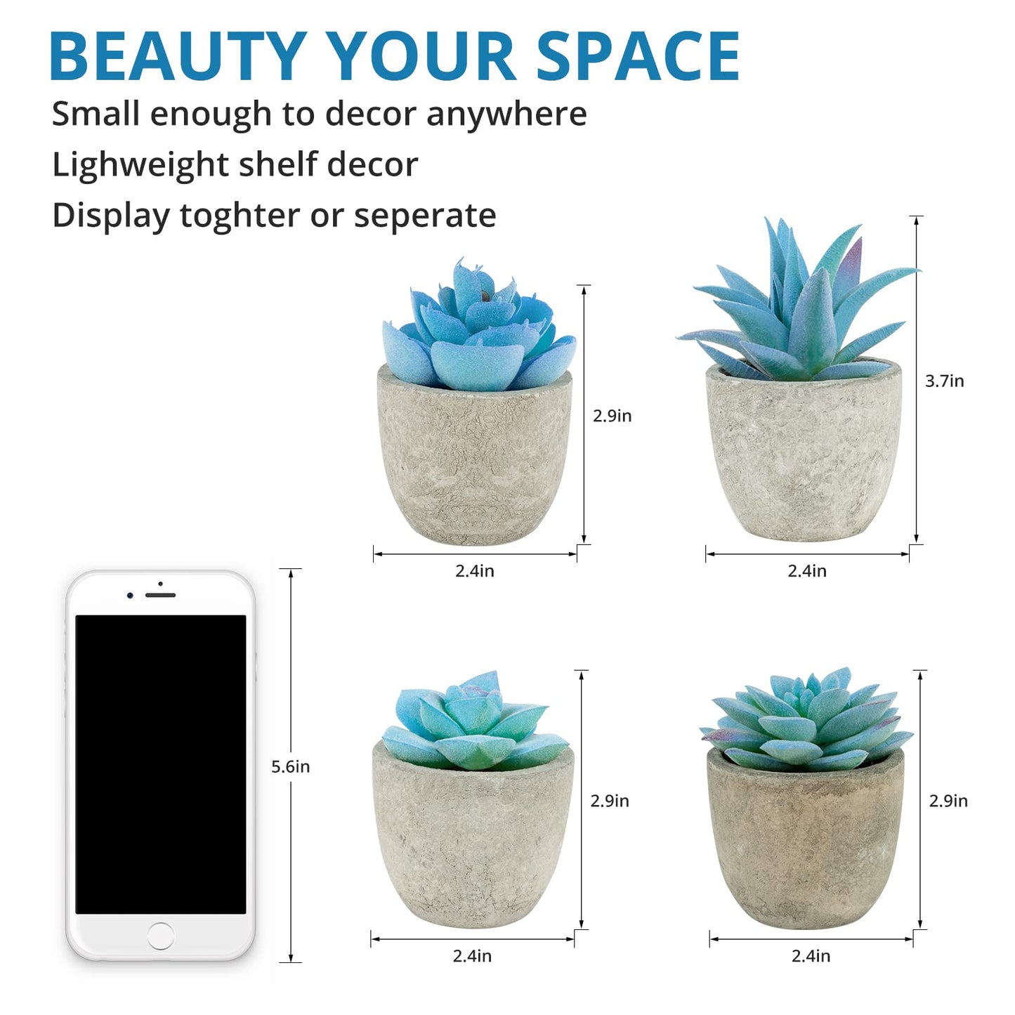 LUZOGA Set of 4 Blue Fake Succulents Potted, Mini Succulents Plants Indoor, Blue Decor Small fakeplants for Shelves Home Office Table Bathroom Bedroom Kitchen Desk Decor Shelf Decor