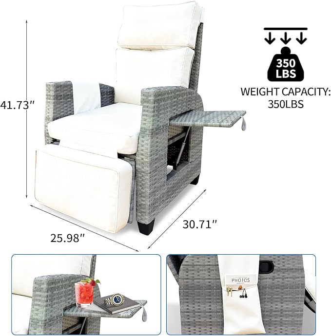Outdoor Wicker Recliner Chair, 145° Patio Lounge Chair with 4" Cushion, Adjustable Backrest & Footrest, Flip-up Table & Side Pocket for Backyard, Deck, Balcony, Terrace, Poolside