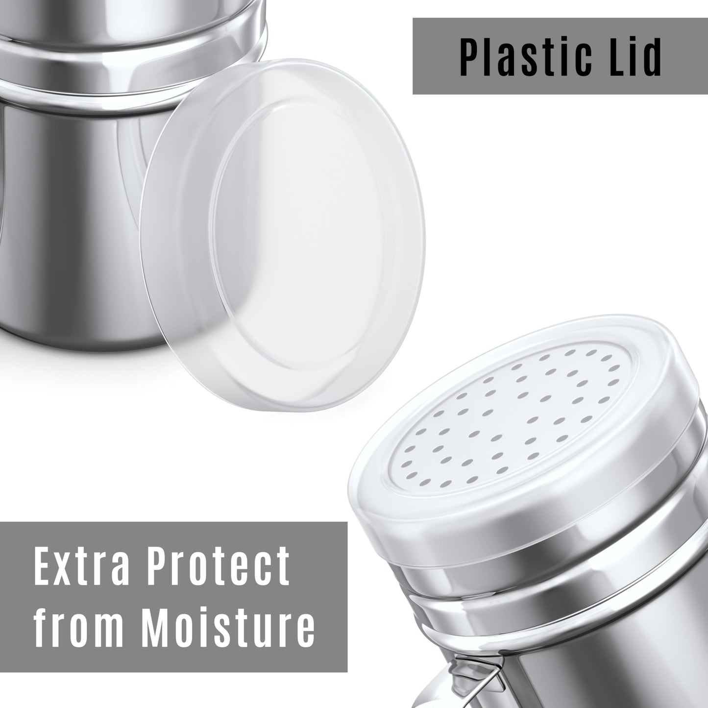 CUSINIUM 10oz Stainless Steel Salt Pepper Dredge Shakers - With Plastic Cap - With Handle - Pack of 4