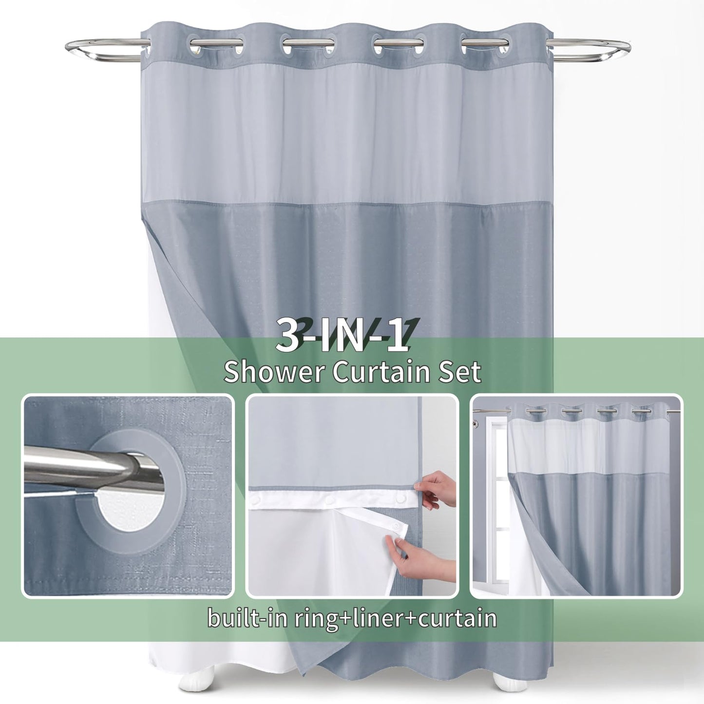 eachope Blue Long No Hook Shower Curtain with Snap-in Fabric Liner Set,Slub Textured Fabric Shower Curtains for Bathroom,Hotel Style Modern Shower Curtain,Water Repellent & Washable,71x80(78)