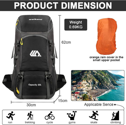 jianyana Hiking Backpack Waterproof 50L Foldable Rucksack Durable Lightweight Camping Bag with Rain Cover for Camping Trekking Hiking Walking Cycling Climbing Outdoor Sports for Women Men(Black)
