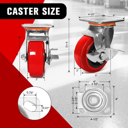 5"x2" Polyurethane Wheels- Heavy Duty Casters Set of 4, Industrial Grade Polyurethane Casters 4000 lbs Load Capacity. Use for Workbench, Industrial Equipment (2 Brake & 2 Rigid)