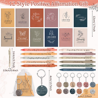 Mooliwe 108 Pcs/36 Set Positive Affirmation Gift Set Gratitude Notebooks with Pens Acrylic Keychains Small Bags Motivational Notepads for Women Coworkers Christmas Adults Party Favors (Vibrant)
