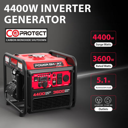 PowerSmart 4400-Watt Open Frame Inverter Generator, Gas Powered, CO-Sensor, Lightweight & Quiet for Home Use and Emergency Backup, Camping, EPA Compliant